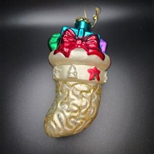 VTG Hand Painted Glass Christmas Stocking Ornament Glitter Bow Boxed